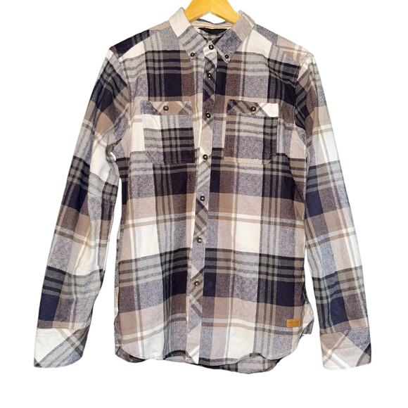 Outpost Plaid Button Down Men's Size Medium Brown Blue Diamond Pattern Fall Warm - Picture 1 of 9